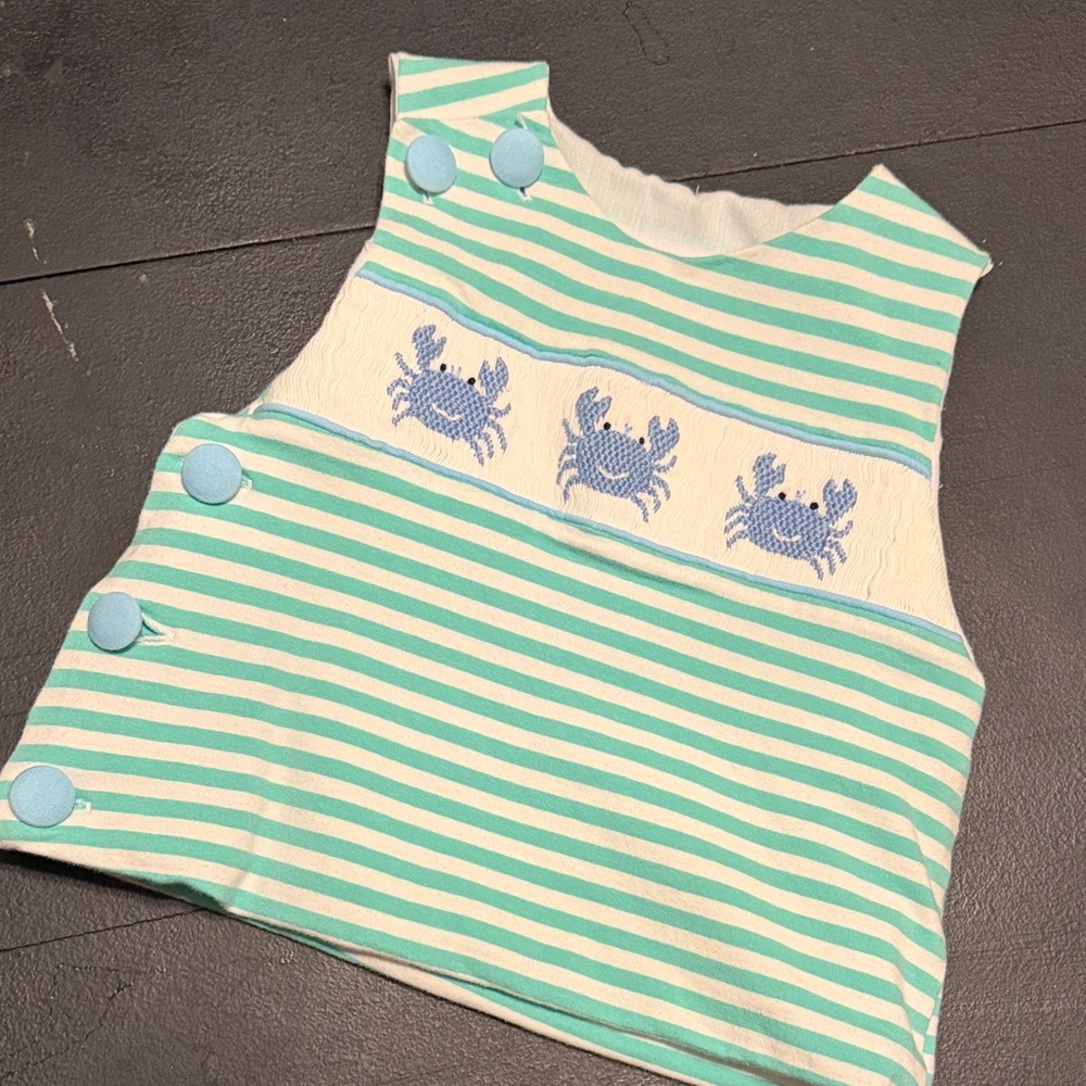 Striped Mint & White Baby smocked top with Blue Crab Smocking